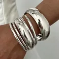 Premium elegant silver-toned polished wide surface alloy bangle bracelet set for women - 33 White Gold 9965 (6-Piece Set)