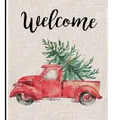 Festive Christmas garden flag featuring a watercolor red truck and tree on linen background - MH227-Red Pickup Welcome
