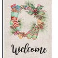 Festliche Weihnachts-Gartenflagge mit einem Aquarellkranz und dem Gruß „Welcome“ - MH211-Eleganter Weihnachtskranz Willkommen