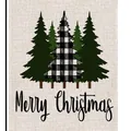 Festive Christmas garden flag featuring buffalo plaid pine trees and Merry Christmas text. - MH225-Pine Forest Merry Xmas
