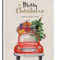 Christmas garden flag with watercolor red car and gifts on linen texture - MH231-Classic Car Xmas Tree
