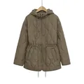 Women's lightweight khaki quilted jacket with a hooded drawstring waist design - XS / As Shown