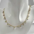 Elegant French vintage gold clavicle chain necklace with pearl and iridescent stone pendants - Artificial Pearl Multicolor Rhinestone Style (32679-nek-G-EP)