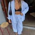 Casual blauw-wit gestreept shirt met lange mouwen en rechte broek set voor vakantie - S / Blauw