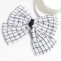 Elegant white and black checkered tweed fabric bow hair clip accessory for women - Black and White Houndstooth (White)