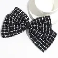 Elegant black and white tweed bow hair clip for women, stylish Korean hair accessory. - Black and White Houndstooth (Black)