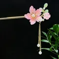 Haarnadel im traditionellen chinesischen Stil mit rosa Blüten und Perlenquasten - Rosa Kirschblüte Künstliche Perle Quaste (2614)