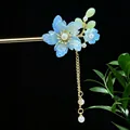 Traditionelle chinesische Haarnadel mit blauer Blume und goldener Perlenquaste - Blaue Blütenblätter Künstliche Perle Quaste (2615)