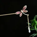 Eleganter goldener Libellen-Haarstab mit rosa Kristallen und Perlenquaste für China-Stil - Rosa Libellenform Strass Künstliche Perle Quaste (2621)