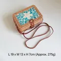 Handwoven rattan rectangular crossbody bag with blue shell inlay and brown strap - 19*13*7cm / Small Square Bag--Blue and White Leaves