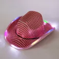 Festive pink sequin cowboy jazz hat with multi-color LED glowing brim for party performance - M (56-58cm) / Pink