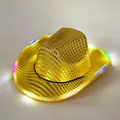 Gold sequin cowboy hat for party events featuring a vibrant multicolor LED light-up brim - M (56-58cm) / Yellow