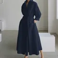 Elegant navy blue long-sleeved shirt maxi dress with waist twist and pocket details - S / Navy Blue