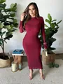 Elegantes bordeauxrotes Spitzen-Bodycon-Midikleid mit langen Ärmeln für Damenabendmode - Burgunderrot