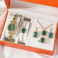 Elegant 5-piece women's jewelry set with green stones in an orange gift box - Crown Style Collection (Orange Box)
