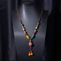 Ethnic style handmade ceramic bead necklace with multi-colored woven rope chain - X470-3 Pink Big Ball