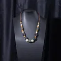 Ethnic style Jingdezhen ceramic bead necklace with handcrafted brown braided cord for women - X470-4 Dark Blue Octagon