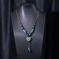 Handmade ethnic Jingdezhen ceramic heart pendant necklace with blue and green beads - X470-5 Heart Blue