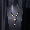 Traditional Jingdezhen ceramic heart pendant necklace with woven brown rope sweater chain - X470-7 Heart Beige