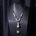 Ethnic Jingdezhen ceramic bead necklace with hand-woven brown rope sweater chain - X470-9 Round White