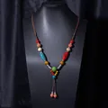 Handmade new Chinese ethnic style ceramic beaded long necklace with vintage brown woven rope - X470-11 Green Small Ball