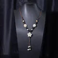 Handmade long Jingdezhen ceramic flower necklace with vintage ethnic style braided cord - X470-12 White Star