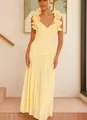 Elegante abito lungo giallo pallido con scollo a V, spalline con volant e corpetto a pieghe. - S / Giallo