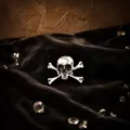 Detailed macro view of vintage silver skull and crossbones brooch on black velvet. - Skull and Crossbones