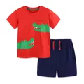 Summer boys 2-piece set with red crocodile print cotton T-shirt and navy blue shorts - 6Y (120cm) / Crocodile Print Red Set (2271)