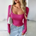 Vibrant magenta Y2K style solid color long sleeve slim fit U-neck top for women - XS / Rose Red