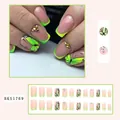 Long French press-on nails with neon green tips and butterfly wing design - BKS1769 Fluorescent Green Butterfly French Pink Base