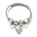 Silver stainless steel twisted wire charm bracelet with heart and crown pendants - Artificial Pearl Crown Smiley (C2-014) / White