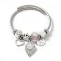 Stainless steel charm bracelet with pink crystal beads and pearl pendants - Artificial Pearl Crown Smiley (C2-014) / Pink