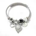 Elegant silver stainless steel charm bracelet with heart, crown, and pearl charms - Artificial Pearl Crown Smiley (C2-014) / Black