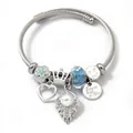 Silver stainless steel cable bangle with heart, crown, and blue crystal bead charms - Artificial Pearl Crown Smiley (C2-014) / Blue