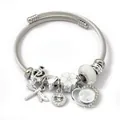 Silver stainless steel twisted bangle charm bracelet with crystal dragonfly pendants - Dragonfly Note Heart (C2-016) / White