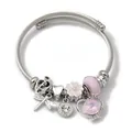 Elegant silver stainless steel charm bracelet with pink crystal beads and heart pendants - Dragonfly Note Heart (C2-016) / Pink