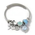 Silver stainless steel wire bangle bracelet with blue crystal beads and heart charms - Dragonfly Note Heart (C2-016) / Blue