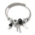 Elegant stainless steel wire bracelet featuring crystal beads and a handmade charm - Fishbone Ribbon Crown (C2-018) / Black