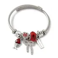 Silver stainless steel wire bangle bracelet with red crystal charms and handmade tag - Fishbone Ribbon Crown (C2-018) / Red
