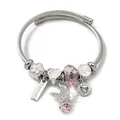 Stainless steel cable charm bracelet with pink crystals and engraved heart pendant - Valentine Heart Butterfly (C2-017) / Pink