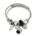 Silver stainless steel charm bangle with butterfly, heart and black crystals. - Valentine Heart Butterfly (C2-017) / Black