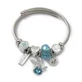 Silver stainless steel cable bracelet with blue crystal beads and butterfly heart charms - Valentine Heart Butterfly (C2-017) / Blue