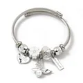 Elegant silver stainless steel wire charm bracelet with heart, flower and crystal beads - Artificial Pearl Butterfly Flower (C2-015) / White