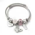 Stainless steel wire bracelet with pink flower, crystal beads, and heart love pendant - Artificial Pearl Butterfly Flower (C2-015) / Pink
