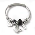 Silver stainless steel charm bracelet with heart, flower, and crystal beads charms - Artificial Pearl Butterfly Flower (C2-015) / Black