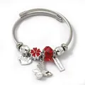 Silver-toned stainless steel cable bangle featuring red crystal and heart charms in Pandora style - Artificial Pearl Butterfly Flower (C2-015) / Red