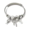 Elegant silver stainless steel cable bracelet with crystal charms and bow pendant - Fishbone Ribbon Crown (C2-018) / White