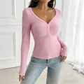 Y2K style women's pink long sleeve T-shirt with V-neck and ruched button detail - XS / Pink