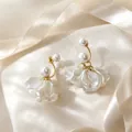 Elegant white petal tassel earrings with pearls and a gold-tone finish for a sophisticated look - Layered Translucent Wavy Petal Style (E6101-13)